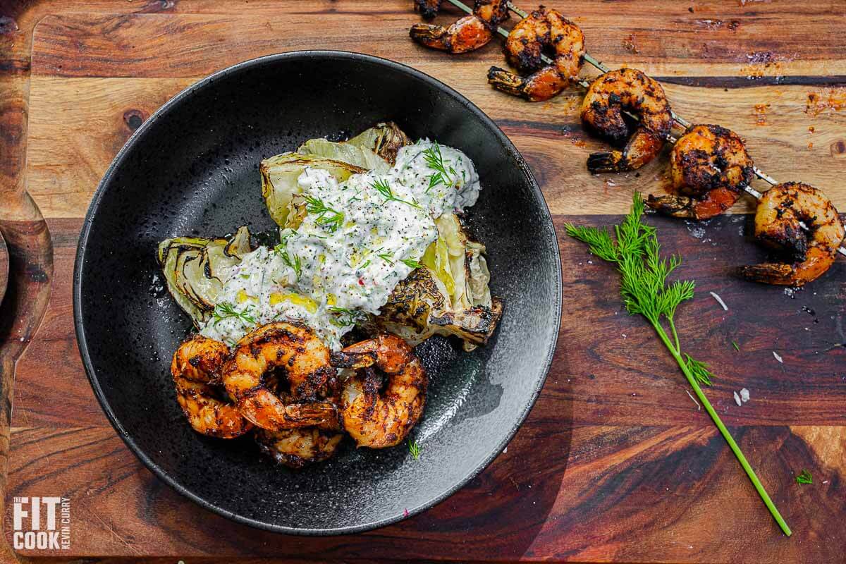 Grilled Lettuce with Peppery Tzatziki & Spicy Shrimp
