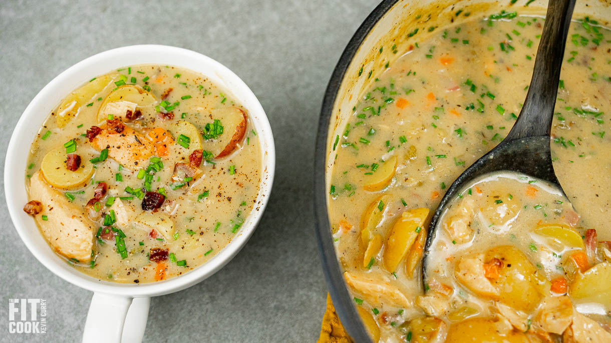 Lighter Baked Potato Soup with Grilled Chicken